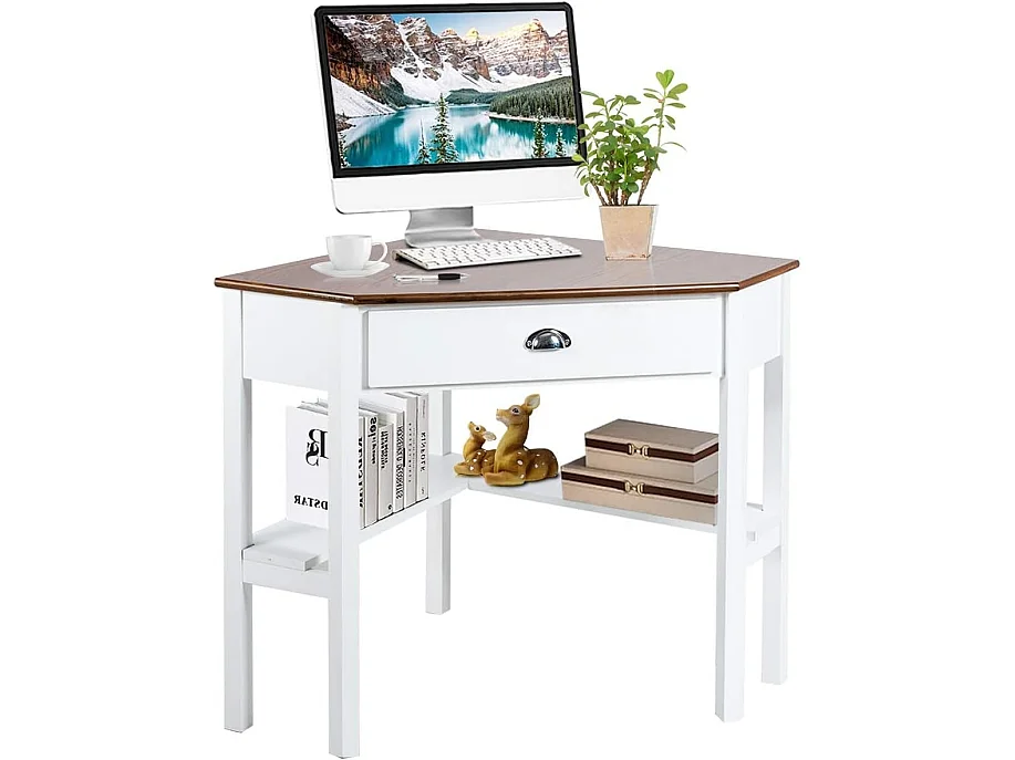 Bureau d'Angle Informatique Contemporain pour PC / Ordinateur Poste de Travaile avec Etagères et Tiroir Bois