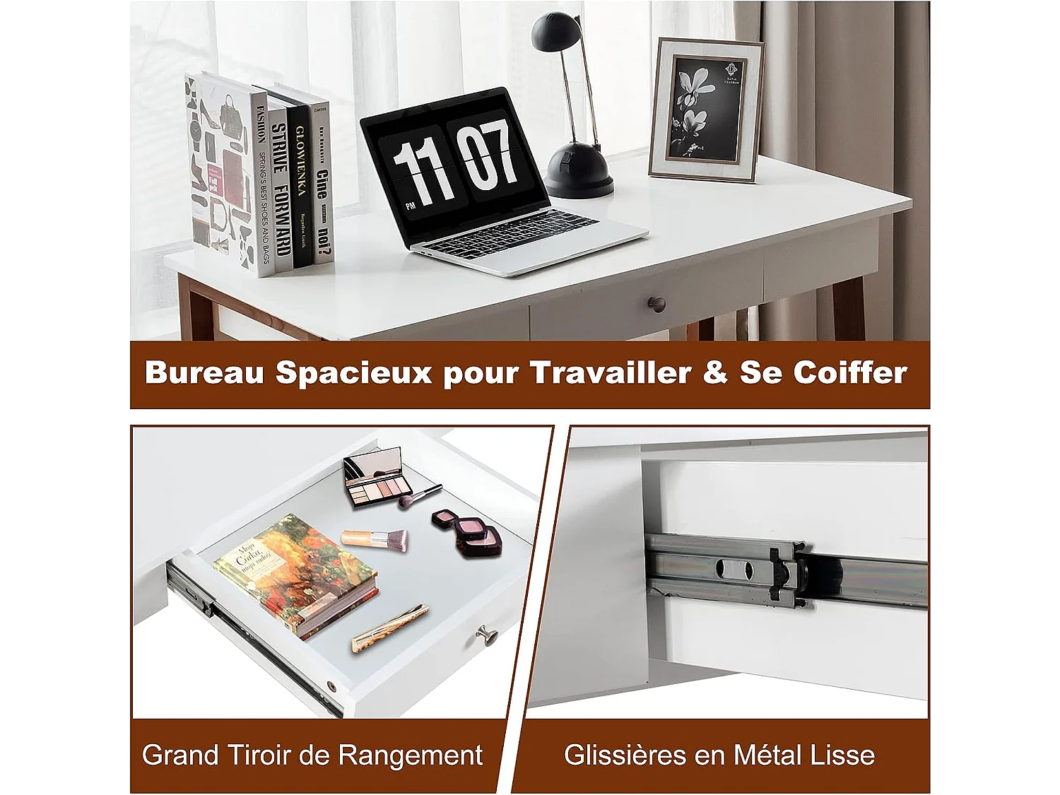 Bureau Informatique 103 x 50 x 76,5CM Table en Bois avec Grand Plan de Travail , Tiroir Charge 54KG Moderne