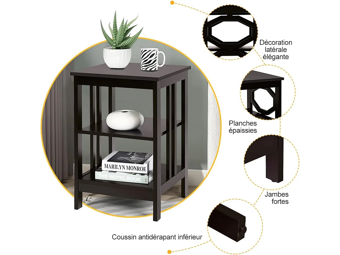 Lot de 2 Table de Chevet à 3 Niveaux, Table d'Appoint Chevet, Table Basse Simple et Contemporain, pour Chambre, Salon 40x40x61cm, Brun