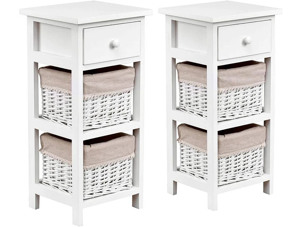 Lot 2 Tables de Chevet avec 1 Tiroir et 2 Panier d'Osier Amovible,Cadre en Bois de Paulownia Style Vintage Rustique