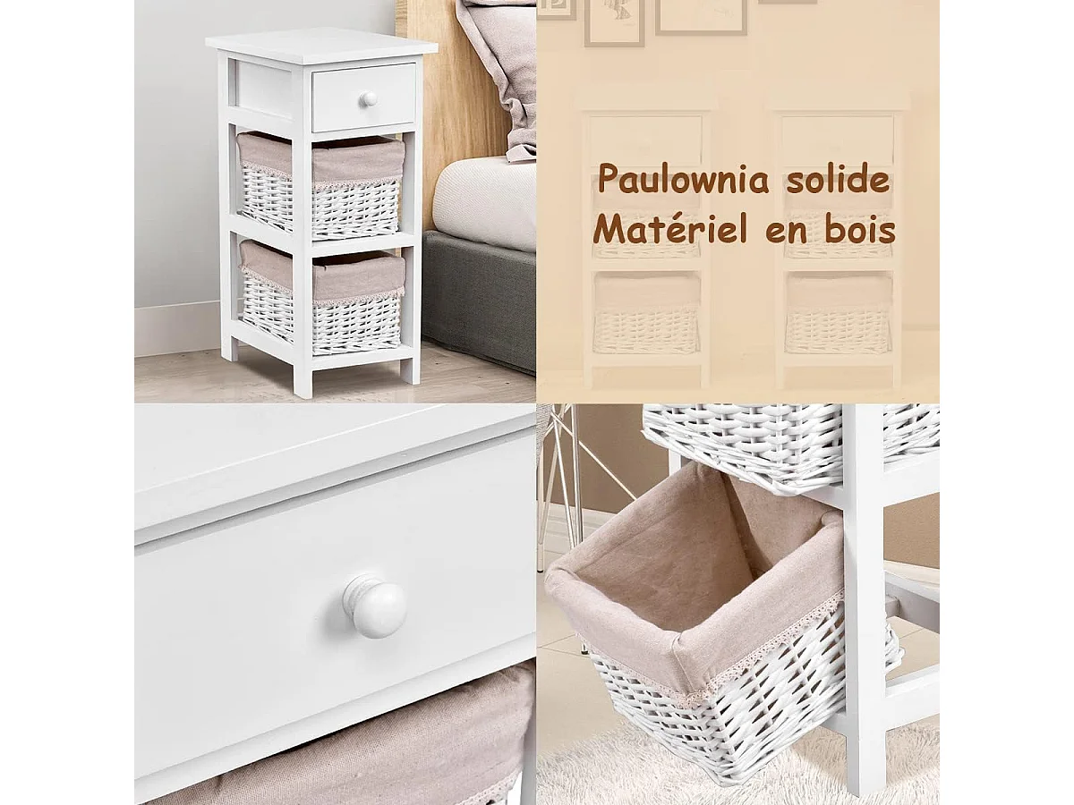 Lot 2 Tables de Chevet avec 1 Tiroir et 2 Panier d'Osier Amovible,Cadre en Bois de Paulownia Style Vintage Rustique