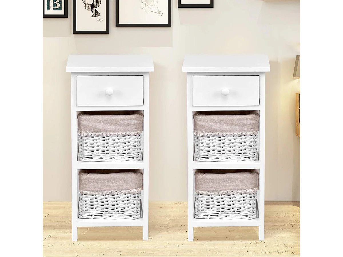 Lot 2 Tables de Chevet avec 1 Tiroir et 2 Panier d'Osier Amovible,Cadre en Bois de Paulownia Style Vintage Rustique