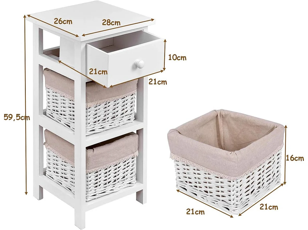 Lot 2 Tables de Chevet avec 1 Tiroir et 2 Panier d'Osier Amovible,Cadre en Bois de Paulownia Style Vintage Rustique