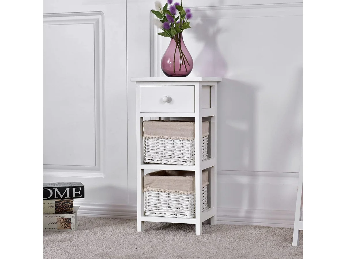 Lot 2 Tables de Chevet avec 1 Tiroir et 2 Panier d'Osier Amovible,Cadre en Bois de Paulownia Style Vintage Rustique