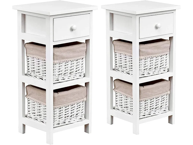 Lot 2 Tables de Chevet avec 1 Tiroir et 2 Panier d'Osier Amovible,Cadre en Bois de Paulownia Style Vintage Rustique