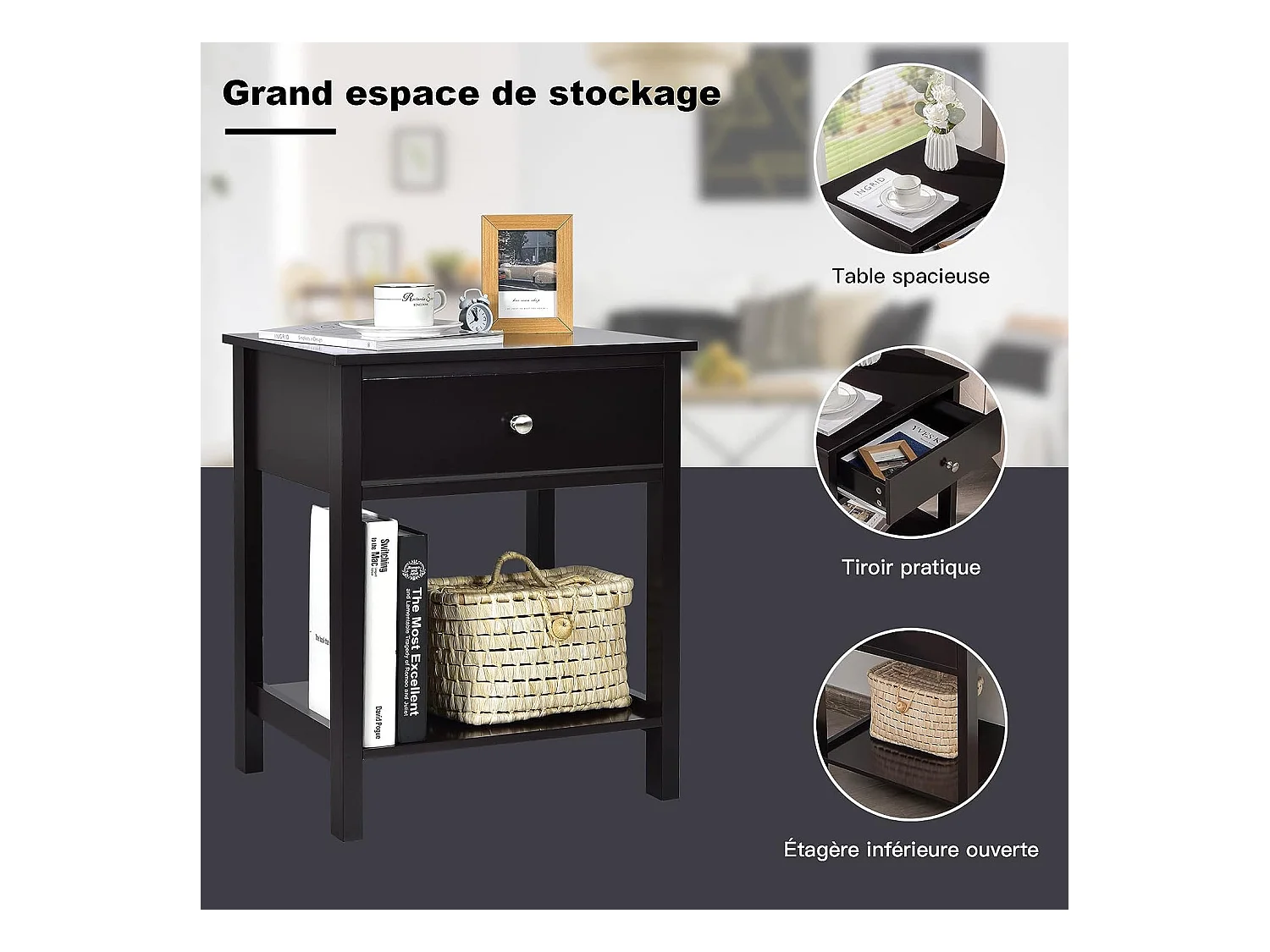 Table de Chevet Lot de 2, Table d'Appoint Moderne pour Chambre, Salon, Canapé, 48 x 40 x 58 CM, Assemblage Facile, Noir
