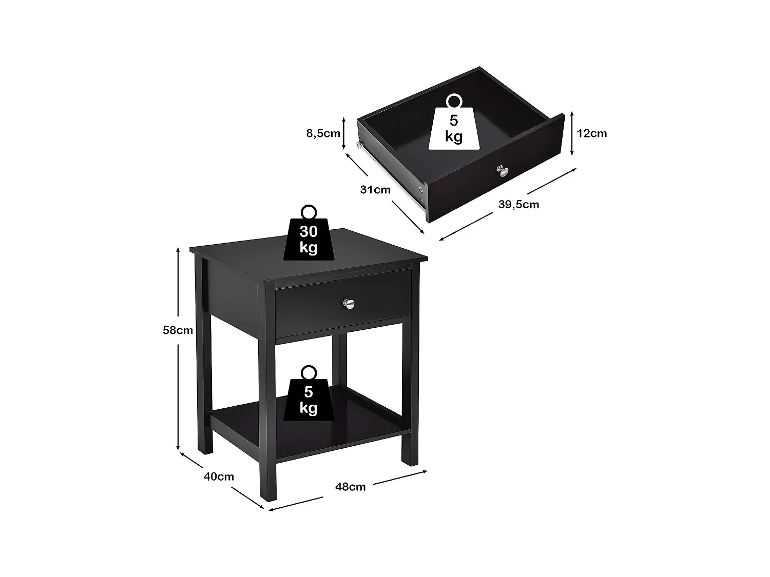 Table de Chevet Lot de 2, Table d'Appoint Moderne pour Chambre, Salon, Canapé, 48 x 40 x 58 CM, Assemblage Facile, Noir