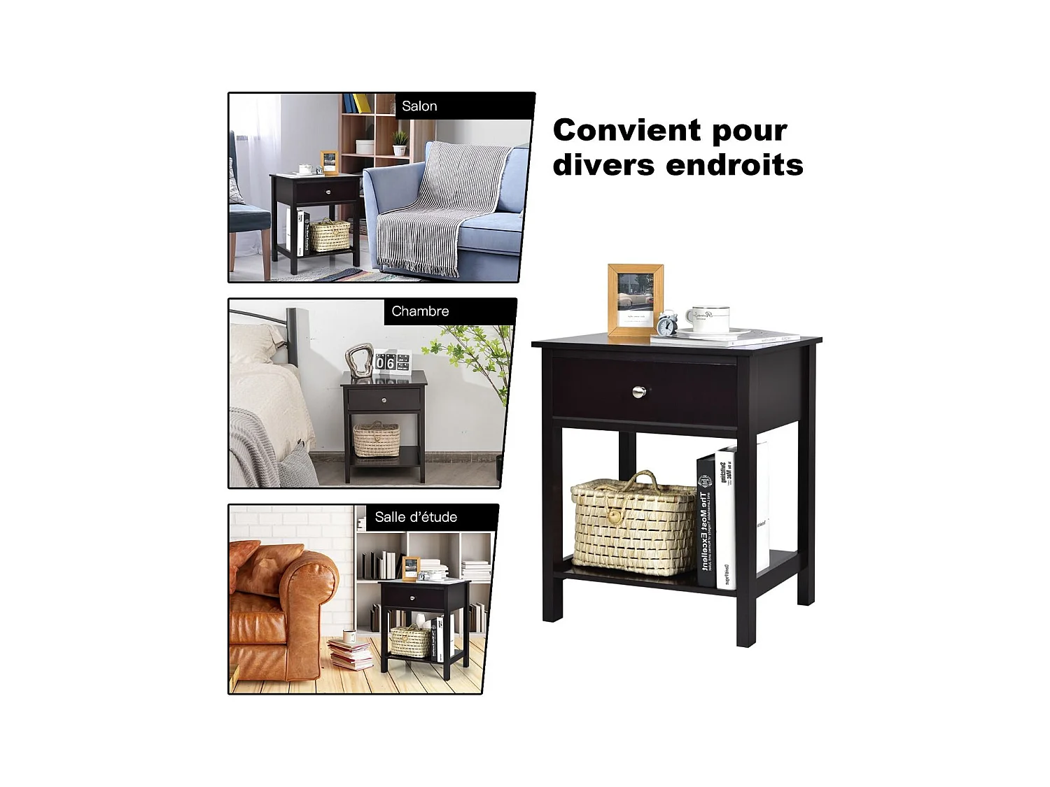 Table de Chevet Lot de 2, Table d'Appoint Moderne pour Chambre, Salon, Canapé, 48 x 40 x 58 CM, Assemblage Facile, Noir