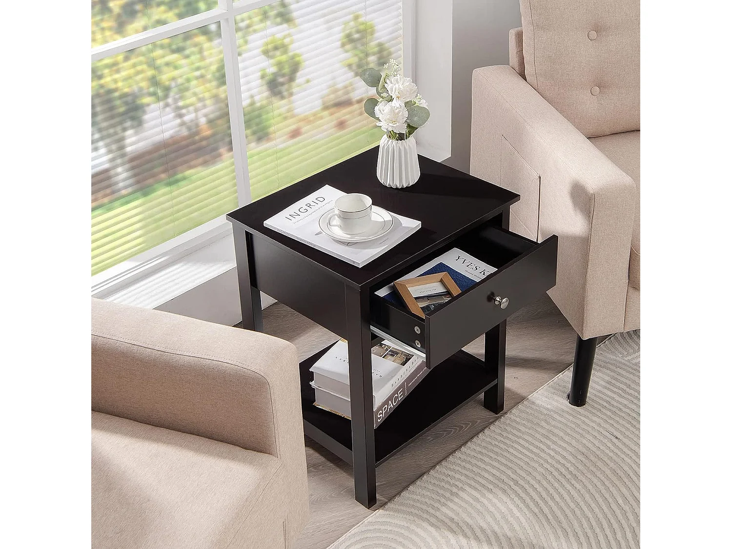 Nachtkastje Set van 2, Moderne Bijzettafel voor Slaapkamer, Woonkamer, Bank, 48 x 40 x 58 CM, Eenvoudige Montage, Zwart