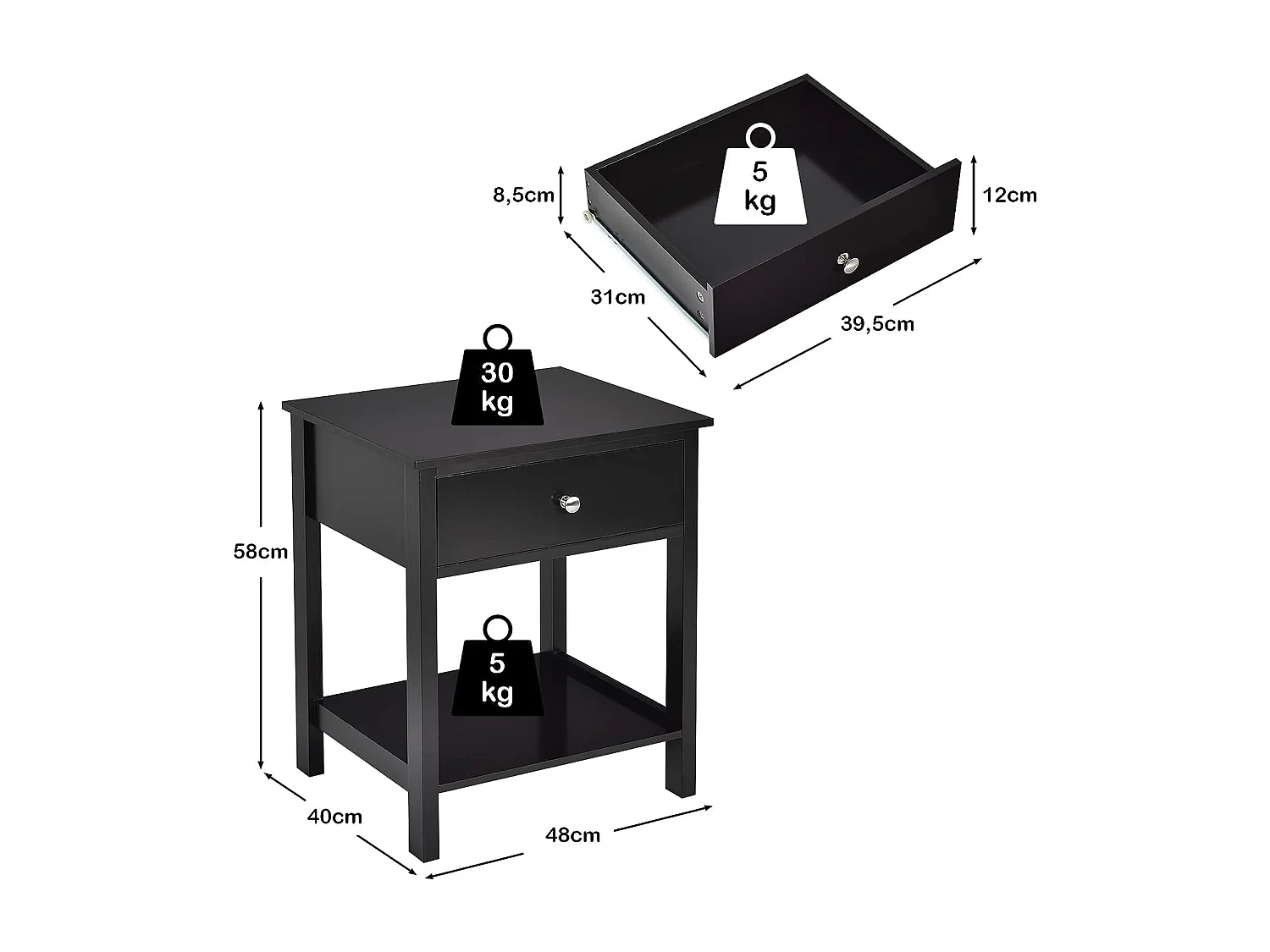 Nachtkastje Set van 2, Moderne Bijzettafel voor Slaapkamer, Woonkamer, Bank, 48 x 40 x 58 CM, Eenvoudige Montage, Zwart