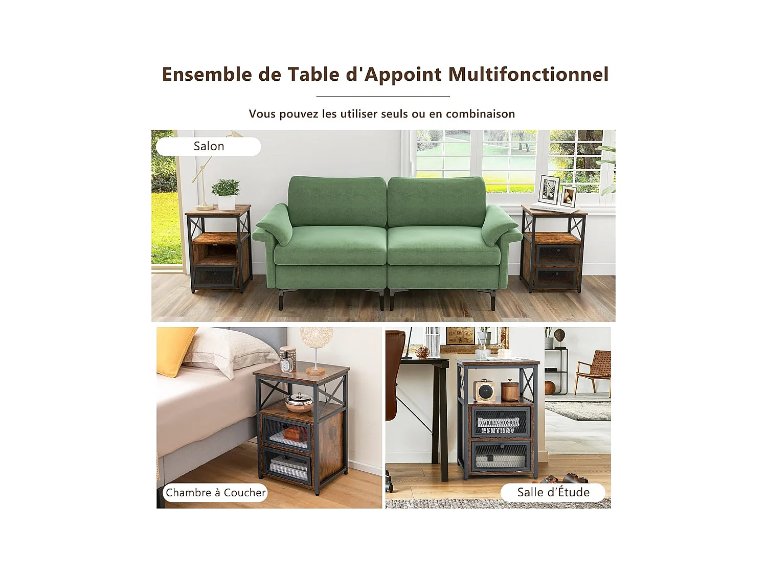 Table de Chevet Industrielle à 2 Compartments et 2 Étagères, Bout de Canapé Cadre Métal avec Porte à Bascule en Maille Fer, Table d’Appoint 60,5 x 40 x 35 cm