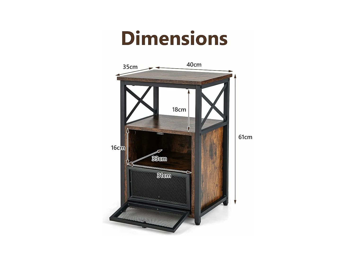 Table de Chevet Industrielle à 2 Compartments et 2 Étagères, Bout de Canapé Cadre Métal avec Porte à Bascule en Maille Fer, Table d’Appoint pour Chambre, Salon, 60,5 x 40 x 35 cm