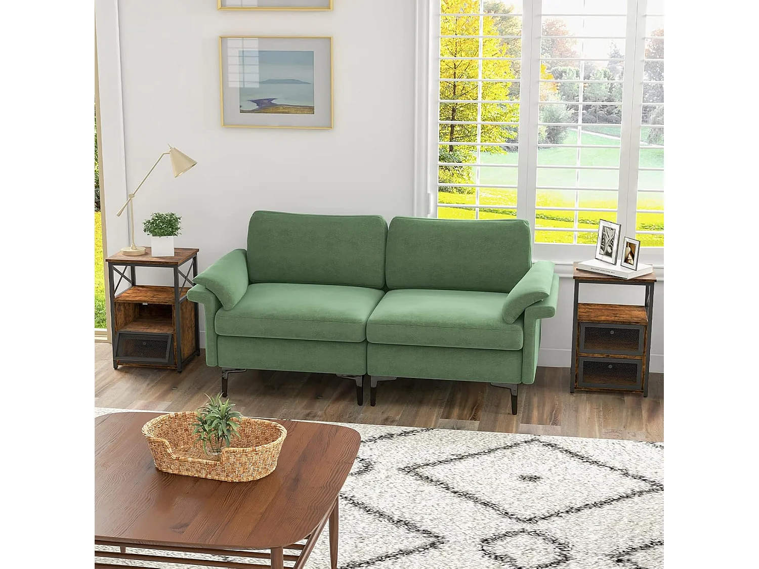 Table de Chevet Industrielle à 2 Compartments et 2 Étagères, Bout de Canapé Cadre Métal avec Porte à Bascule en Maille Fer, Table d’Appoint 60,5 x 40 x 35 cm