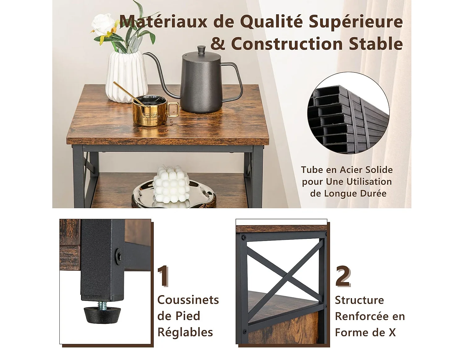 Table de Chevet Industrielle à 2 Compartments et 2 Étagères, Bout de Canapé Cadre Métal avec Porte à Bascule en Maille Fer, Table d’Appoint 60,5 x 40 x 35 cm