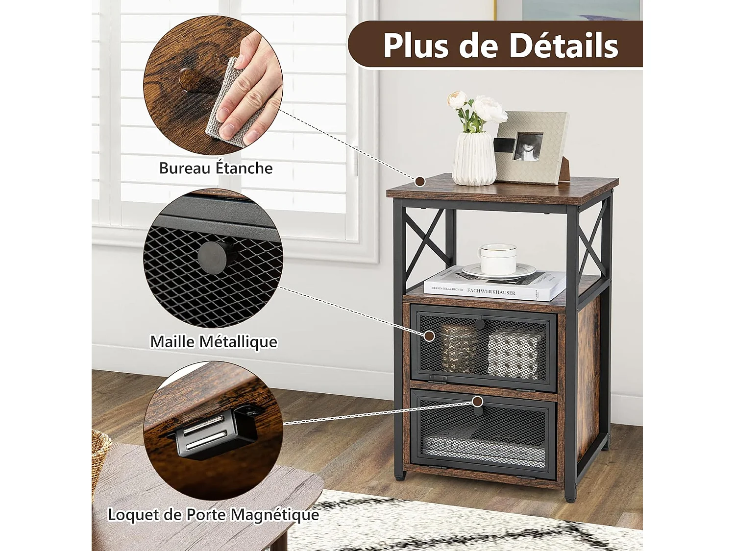 Table de Chevet Industrielle à 2 Compartments et 2 Étagères, Bout de Canapé Cadre Métal avec Porte à Bascule en Maille Fer, Table d’Appoint 60,5 x 40 x 35 cm
