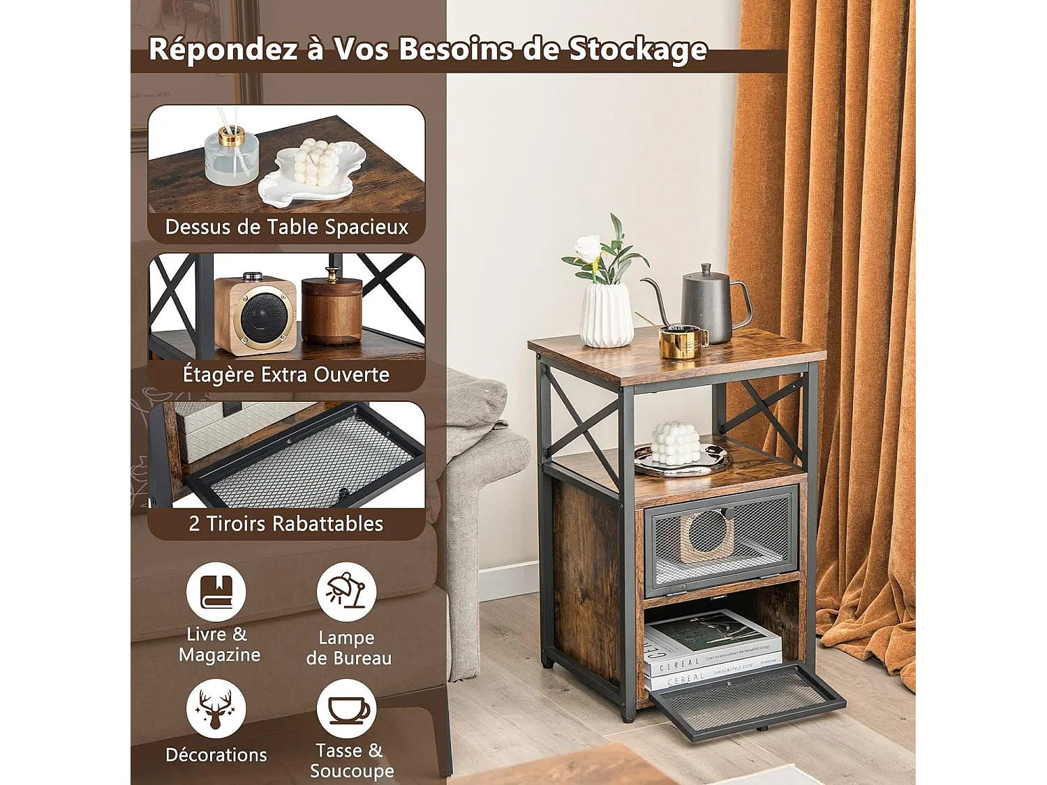 Table de Chevet Industrielle à 2 Compartments et 2 Étagères, Bout de Canapé Cadre Métal avec Porte à Bascule en Maille Fer, Table d’Appoint 60,5 x 40 x 35 cm