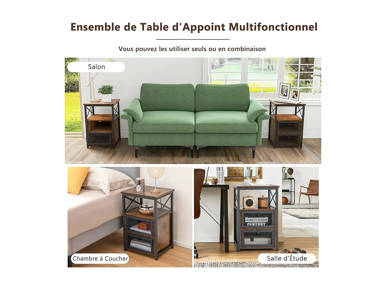 Table de Chevet Industrielle à 2 Compartments et 2 Étagères, Bout de Canapé Cadre Métal avec Porte à Bascule en Maille Fer, Table d’Appoint 60,5 x 40 x 35 cm