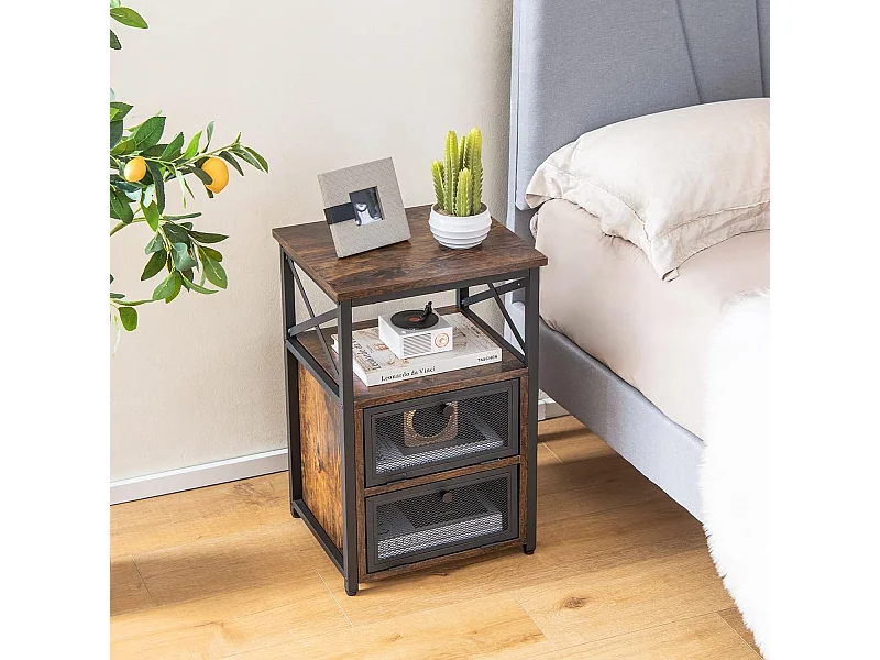 Table de Chevet Industrielle à 2 Compartimenten en 2 Etagères, Bout de Canapé Cadre Métal met Porte à Bascule en Maille Fer, Table d’Appoint 60,5 x 40 x 35 cm