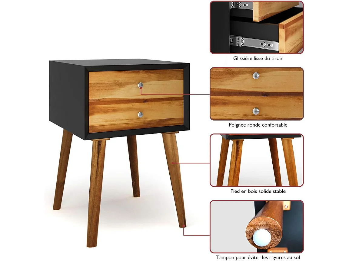 Table de Chevet en Bois avec 2 Tiroirs, Style Retro Multi-usages 40 x 40 x 59 cm
