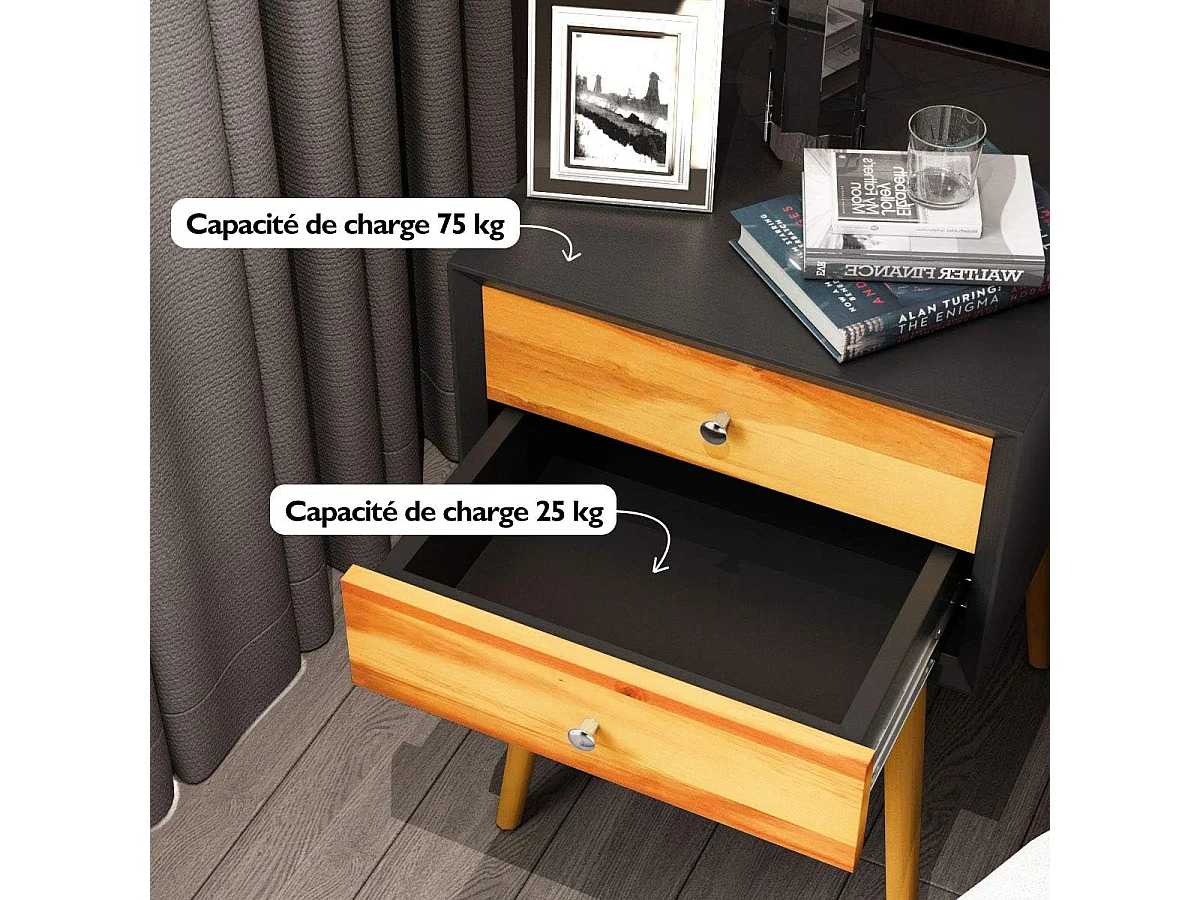 Table de Chevet en Bois avec 2 Tiroirs, Style Retro Multi-usages 40 x 40 x 59 cm