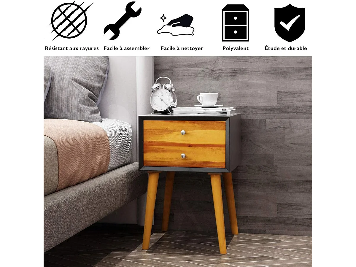 Table de Chevet en Bois avec 2 Tiroirs, Style Retro Multi-usages 40 x 40 x 59 cm