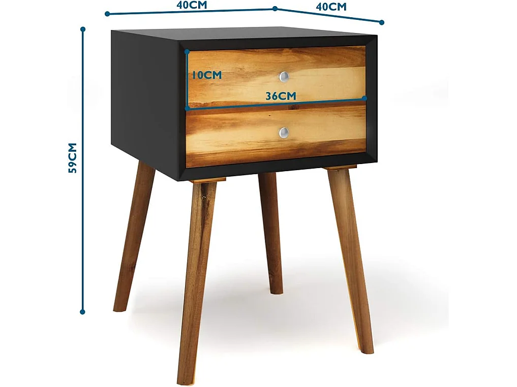 Table de Chevet en Bois avec 2 Tiroirs, Style Retro Multi-usages 40 x 40 x 59 cm