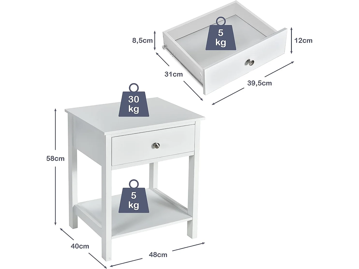 Table de Chevet à 2 Niveaux Style Moderne Simple 48 x 40 x 58 CM Blanc