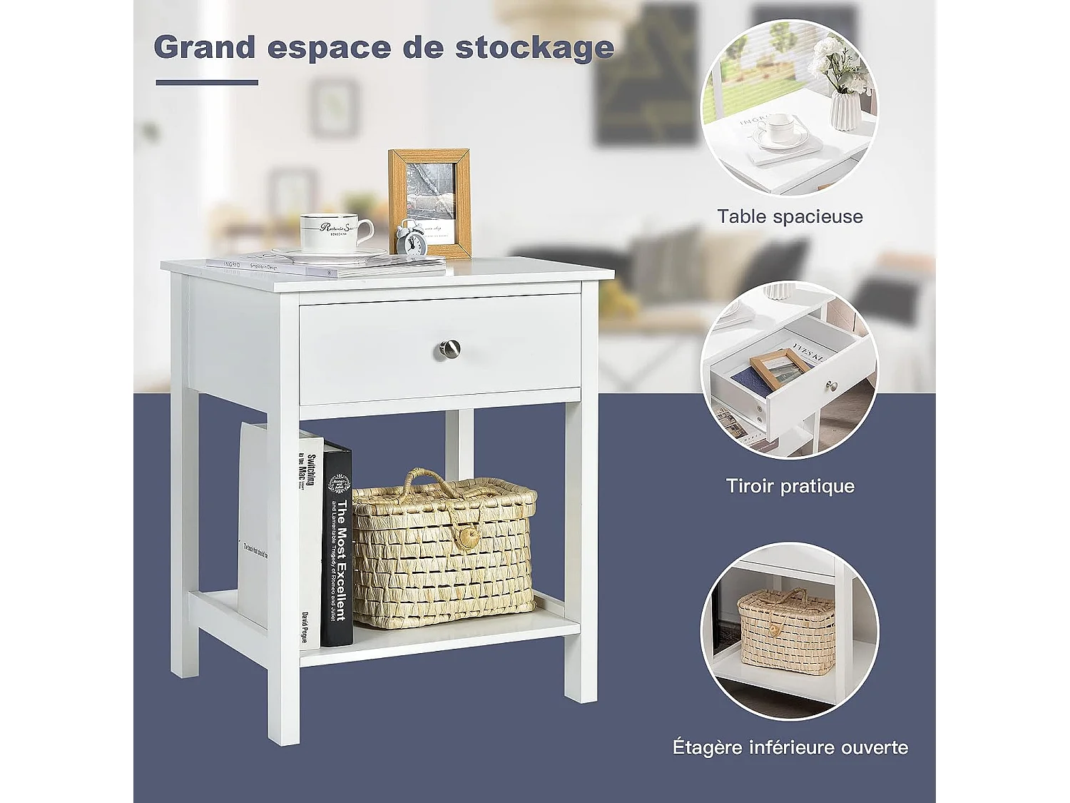 Table de Chevet à 2 Niveaux Style Moderne Simple 48 x 40 x 58 CM Blanc