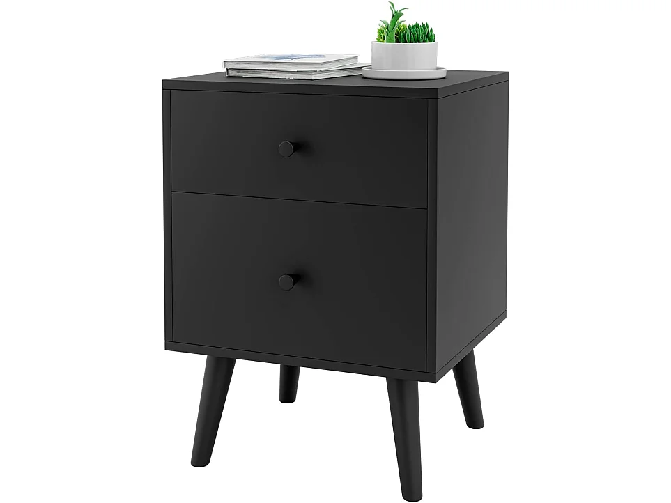 Table de Chevet, Table de Nuit à 2 Tiroirs en Bois d’Hévéa Massif de Style Moderne 45 x 39,5 x 62 CM, Noir