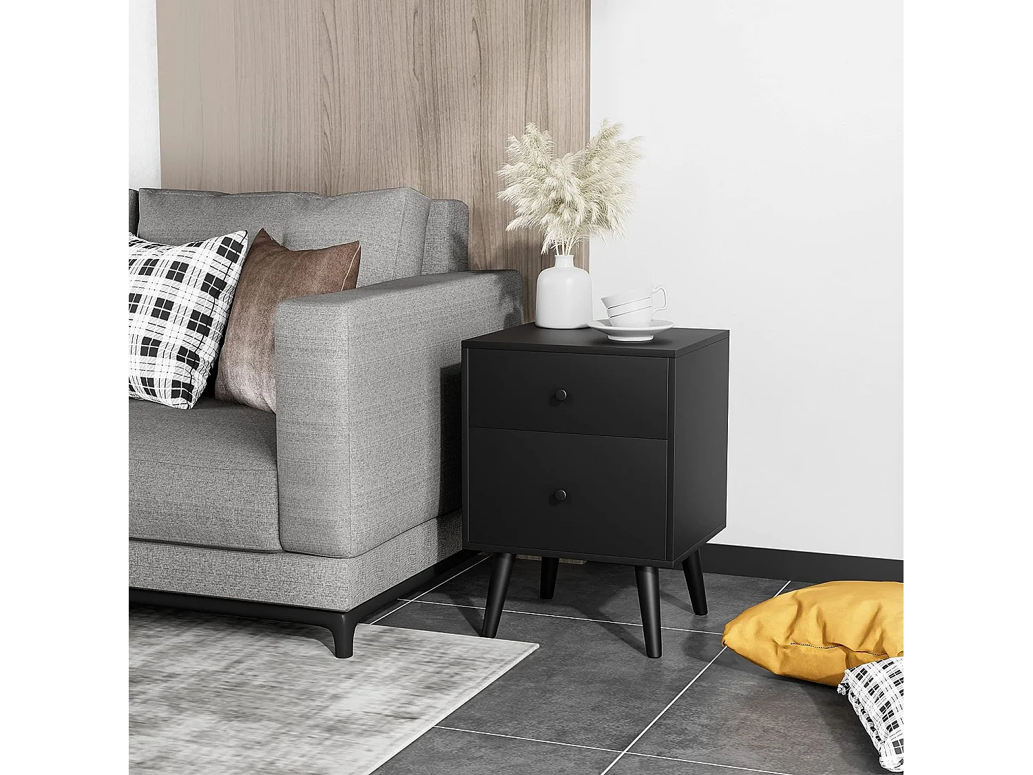 Table de Chevet, Table de Nuit à 2 Tiroirs en Bois d’Hévéa Massif de Style Moderne 45 x 39,5 x 62 CM, Noir