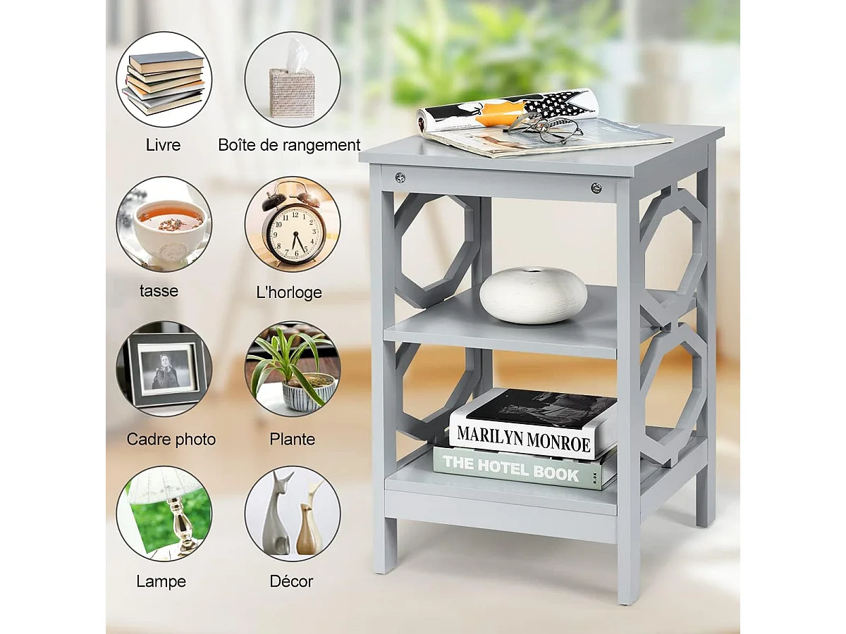 Lot de 2 Table de Chevet à 3 Niveaux, Table d'Appoint Chevet, Table Basse Simple et Contemporain, pour Chambre, Salon 40x40x61cm, Gris