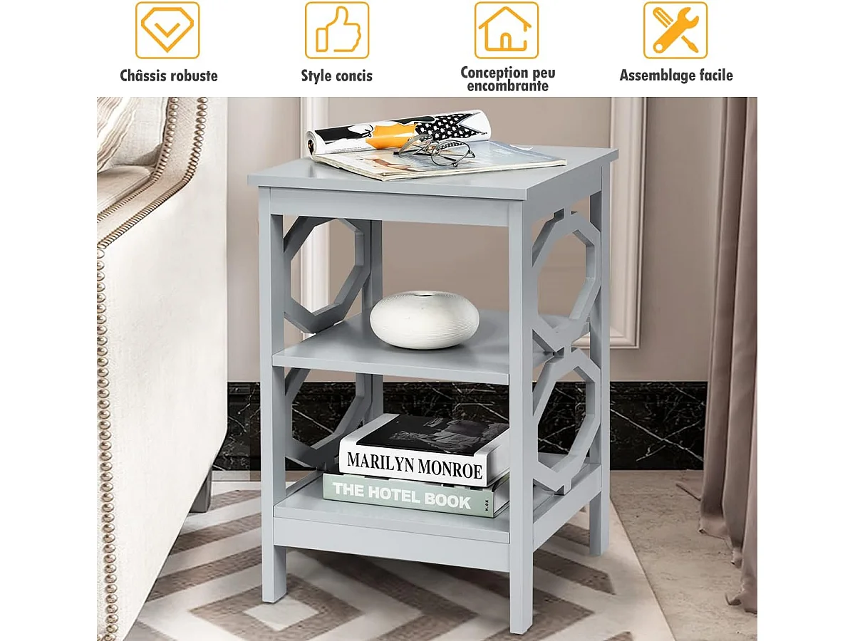 Lot de 2 Table de Chevet à 3 Niveaux, Table d'Appoint Chevet, Table Basse Simple et Contemporain, pour Chambre, Salon 40x40x61cm, Gris