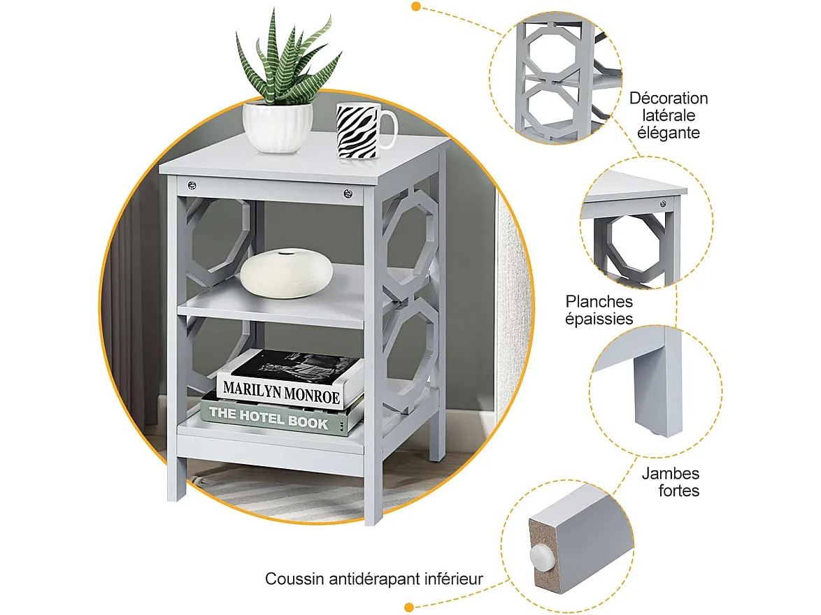 Lot de 2 Table de Chevet à 3 Niveaux, Table d'Appoint Chevet, Table Basse Simple et Contemporain, pour Chambre, Salon 40x40x61cm, Gris
