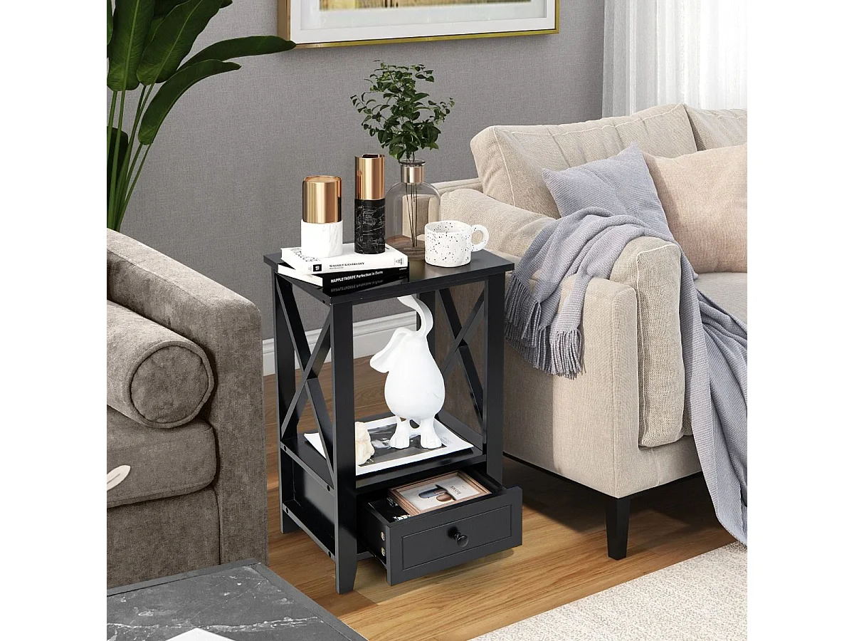 Table de Chevet avec Tiroir Inférieur et Étagère, Table de Nuit 40 x 30 x 61,5 cm, pour Salon, Chambre, Bureau, Appartement Noir
