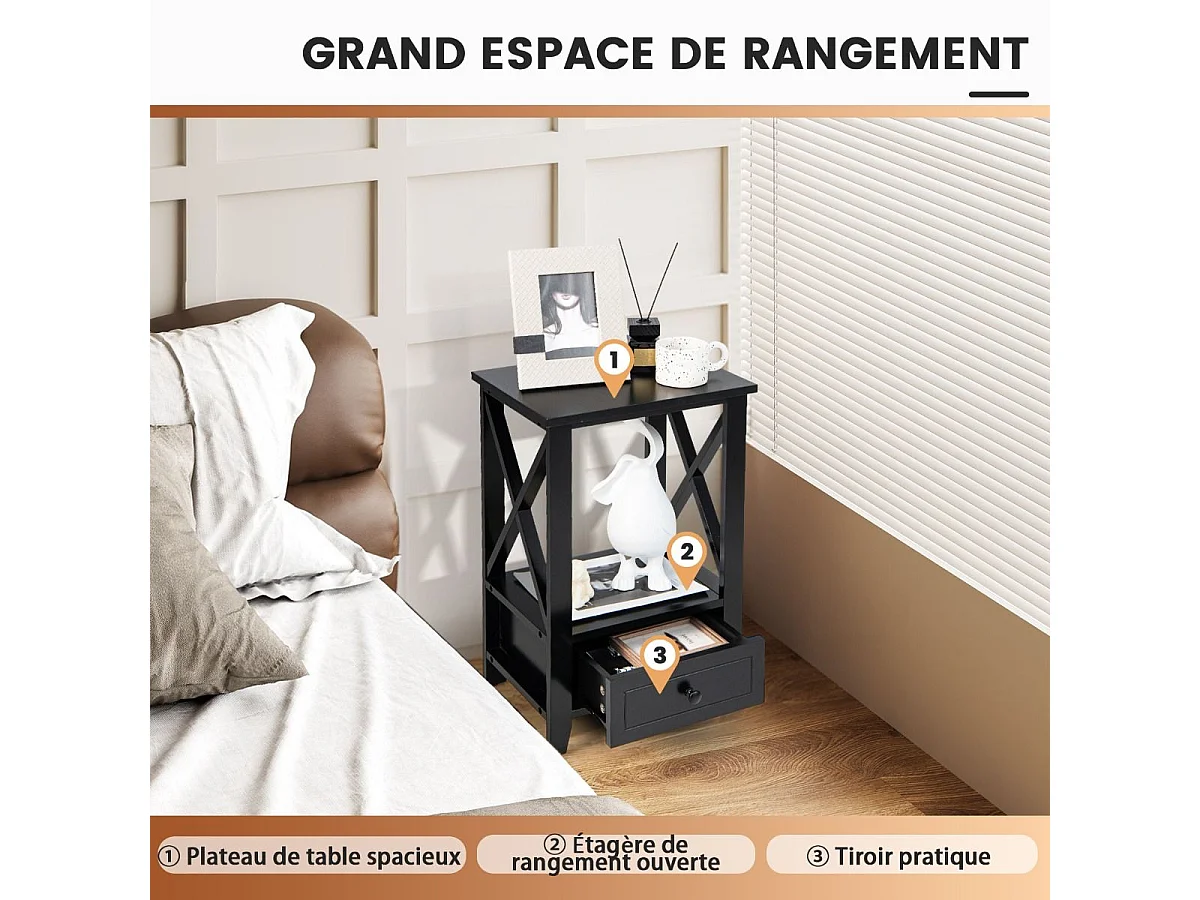Table de Chevet avec Tiroir Inférieur et Étagère, Table de Nuit 40 x 30 x 61,5 cm, pour Salon, Chambre, Bureau, Appartement Noir
