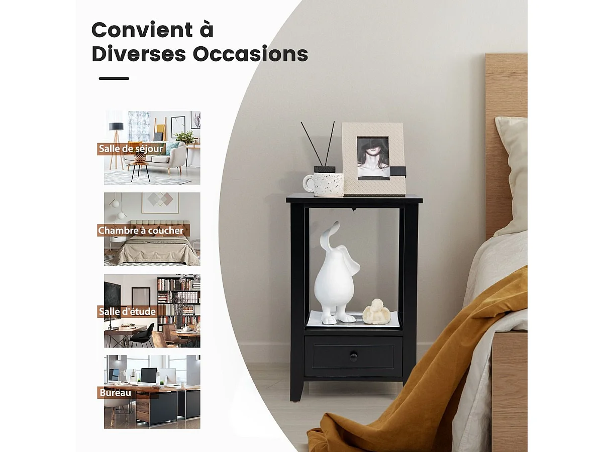 Table de Chevet avec Tiroir Inférieur et Étagère, Table de Nuit 40 x 30 x 61,5 cm, pour Salon, Chambre, Bureau, Appartement Noir