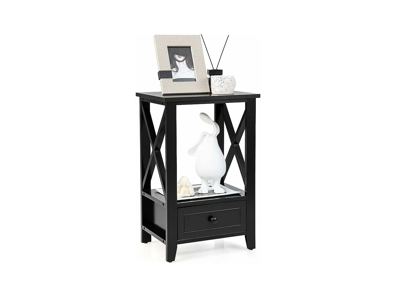 Table de Chevet avec Tiroir Inférieur et Étagère, Table de Nuit 40 x 30 x 61,5 cm, pour Salon, Chambre, Bureau, Appartement Noir