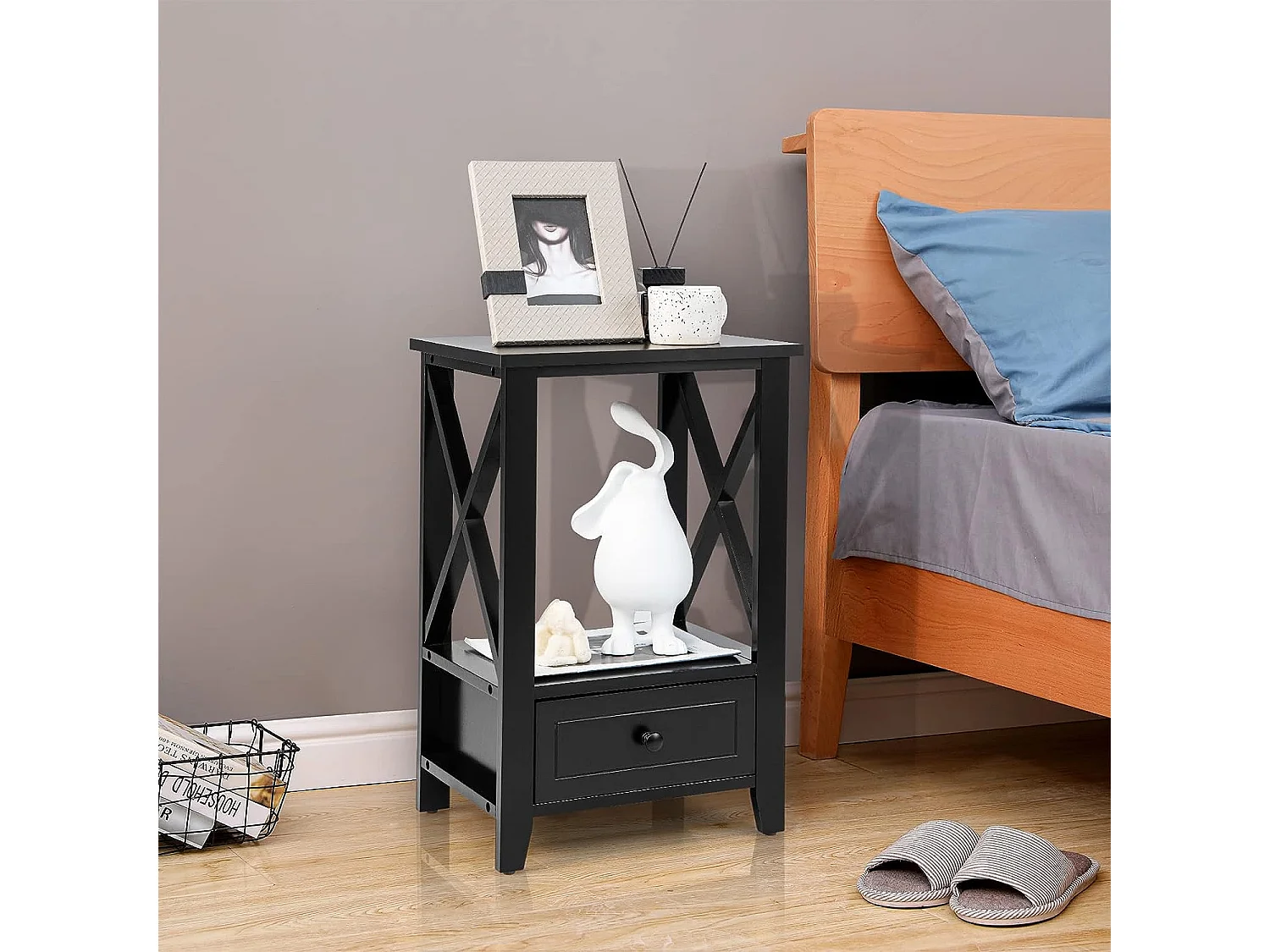 Table de Chevet avec Tiroir Inférieur et Étagère, Table de Nuit 40 x 30 x 61,5 cm, pour Salon, Chambre, Bureau, Appartement Noir