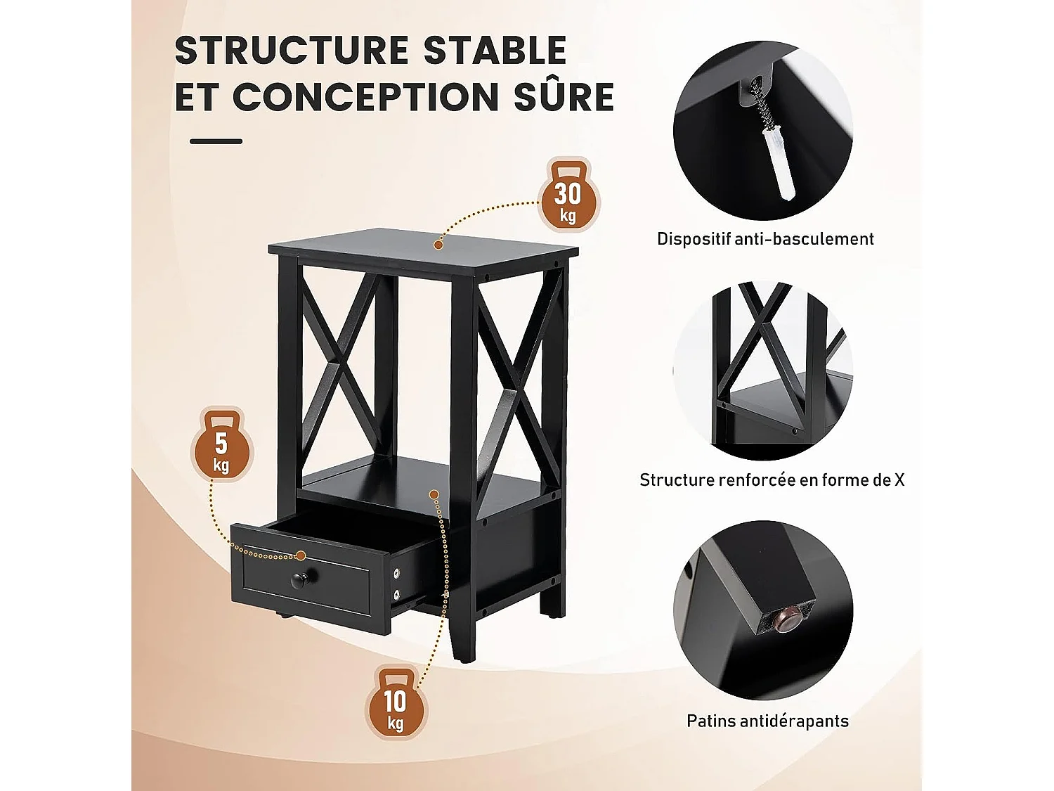 Table de Chevet avec Tiroir Inférieur et Étagère, Table de Nuit 40 x 30 x 61,5 cm, pour Salon, Chambre, Bureau, Appartement Noir