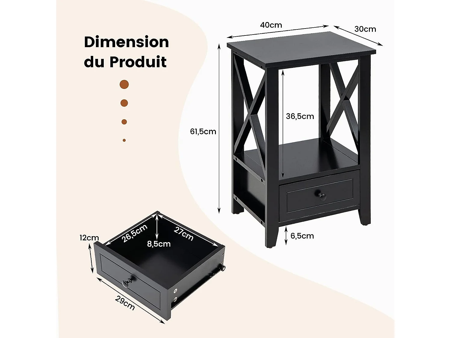 Table de Chevet avec Tiroir Inférieur et Étagère, Table de Nuit 40 x 30 x 61,5 cm, pour Salon, Chambre, Bureau, Appartement Noir