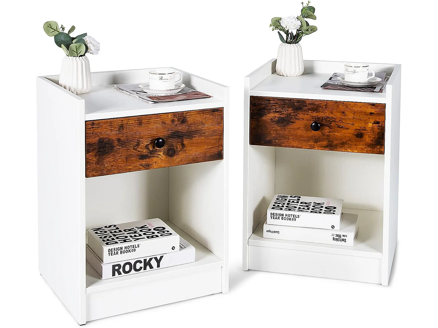 Lot de 2 Tables de Chevet, Table de Nuit en Bois avec Tiroir et Compartiment Ouvert 43 x 40 x 60 cm Blanc