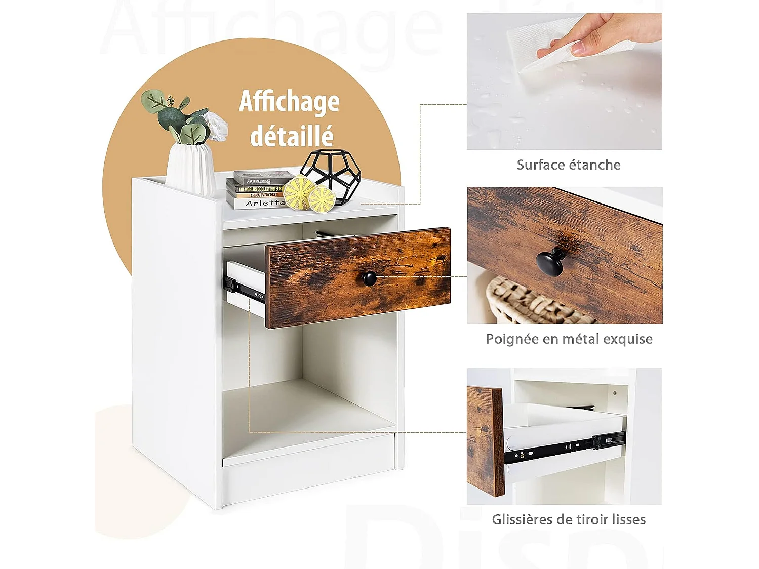 Lot de 2 Tables de Chevet, Table de Nuit en Bois avec Tiroir et Compartiment Ouvert 43 x 40 x 60 cm Blanc