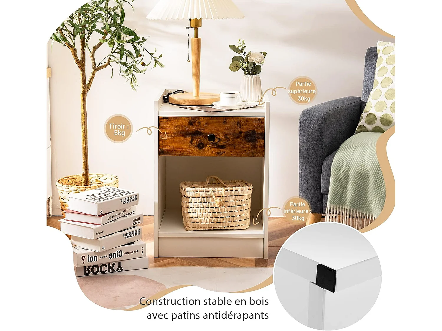 Lot de 2 Tables de Chevet, Table de Nuit en Bois avec Tiroir et Compartiment Ouvert 43 x 40 x 60 cm Blanc