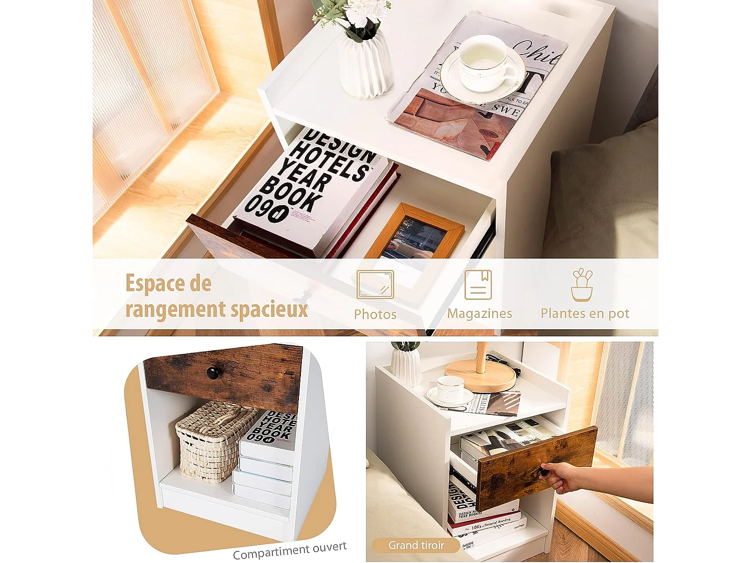 Lot de 2 Tables de Chevet, Table de Nuit en Bois avec Tiroir et Compartiment Ouvert 43 x 40 x 60 cm Blanc