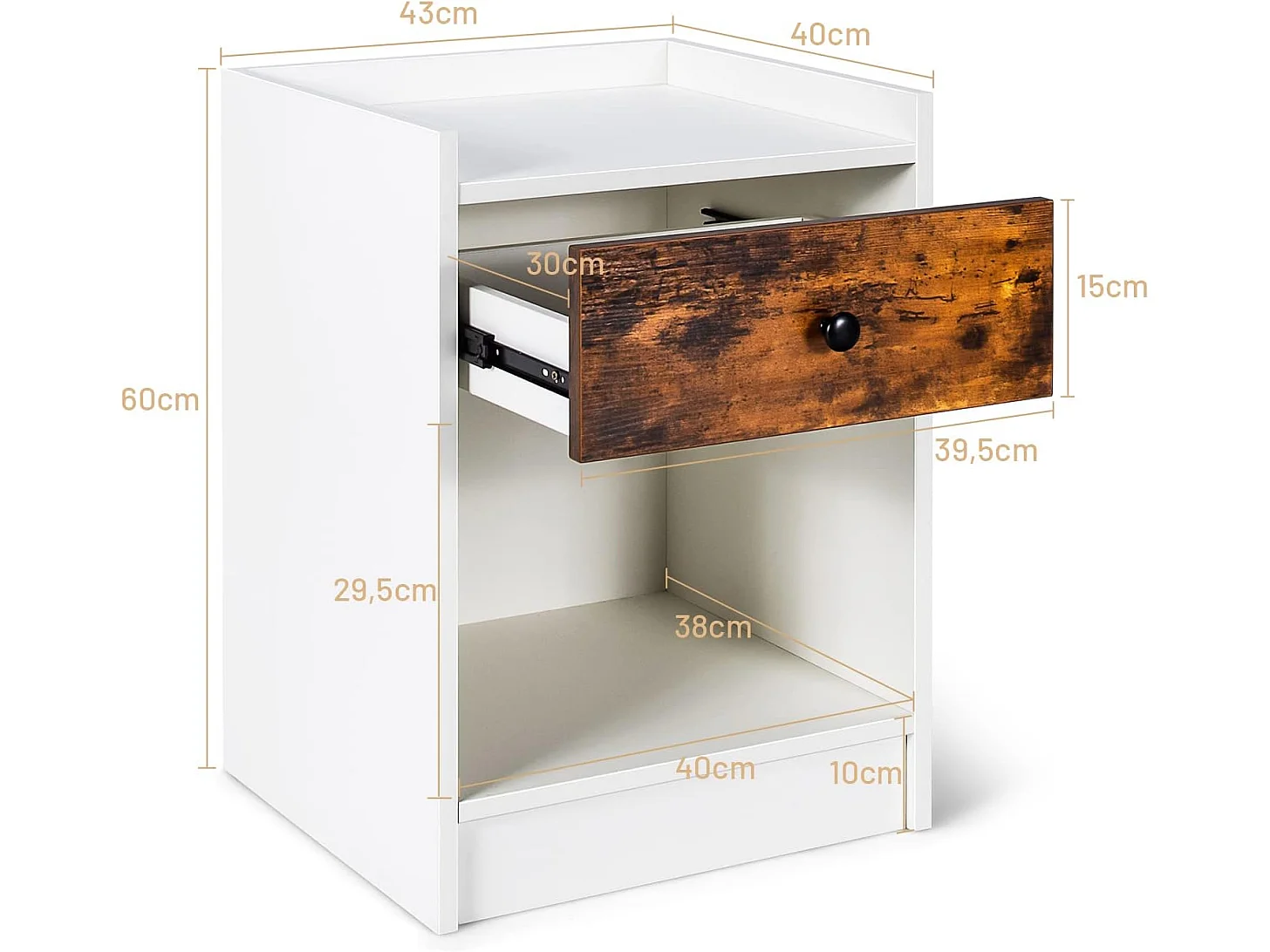 Lot de 2 Tables de Chevet, Table de Nuit en Bois avec Tiroir et Compartiment Ouvert 43 x 40 x 60 cm Blanc