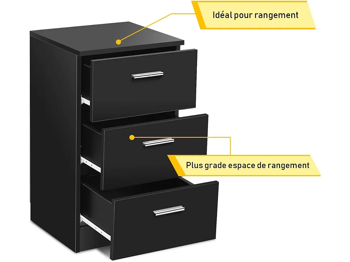 Table de chevet table de nuit noir en bois avec 3 tiroirs 35 x 38 x 67 cm