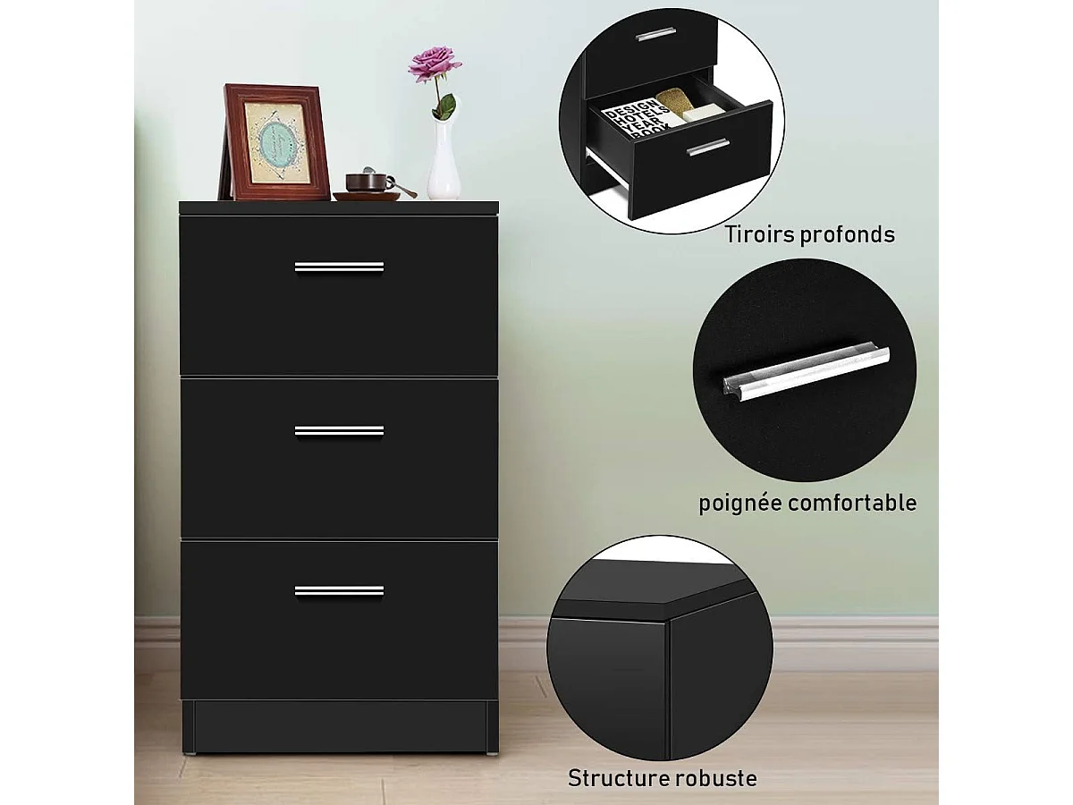 Table de chevet table de nuit noir en bois avec 3 tiroirs 35 x 38 x 67 cm