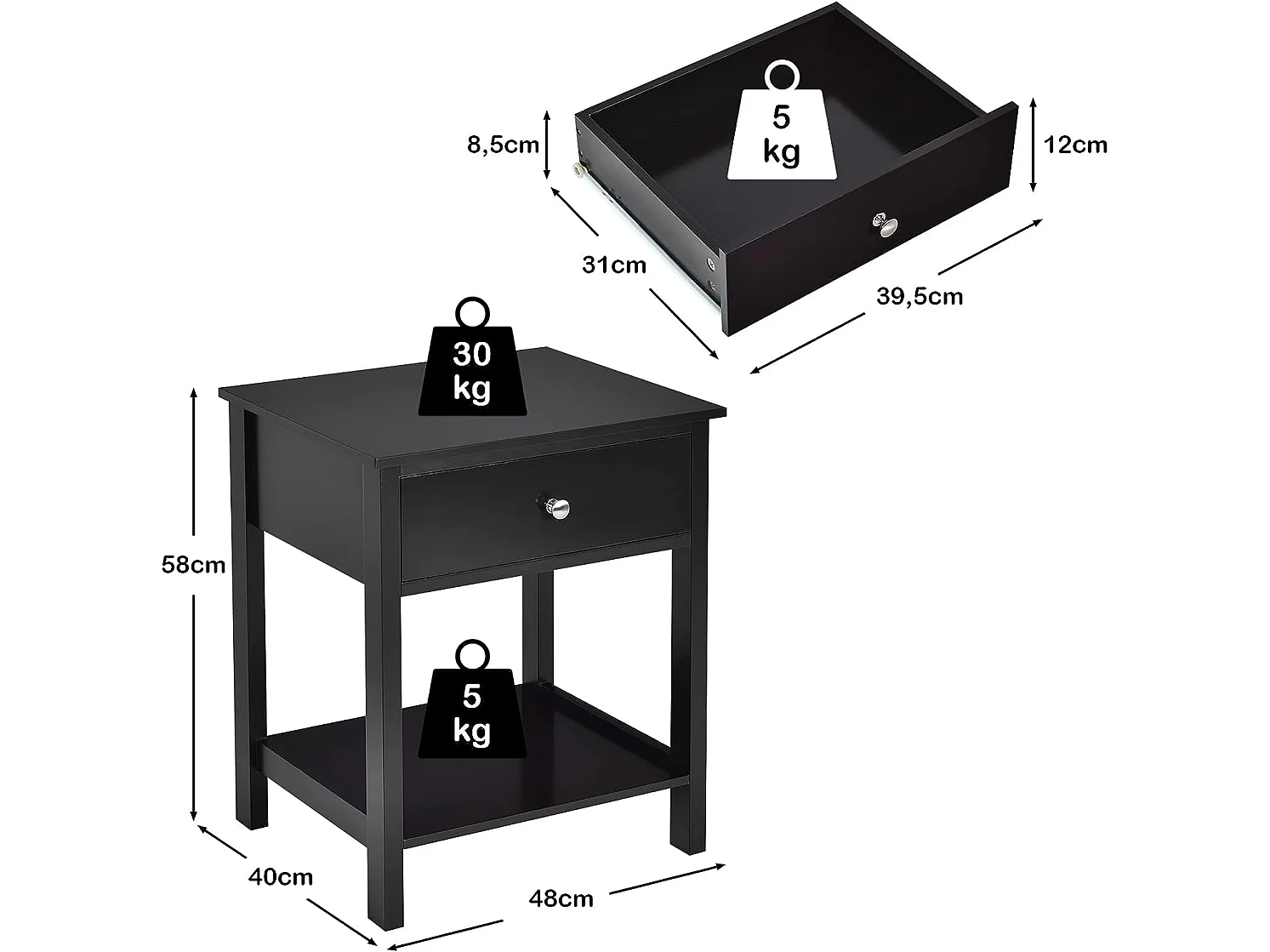 Table de Chevet à 2 Niveaux Style Moderne Simple 48 x 40 x 58 CM Noir