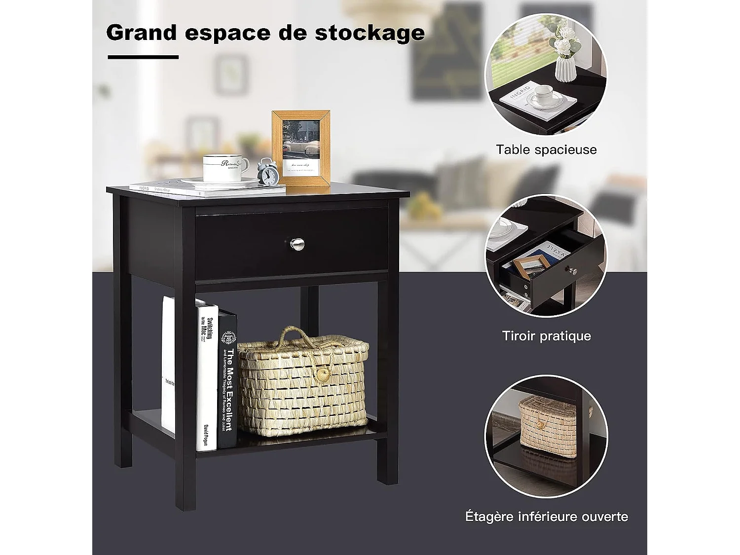 Table de Chevet à 2 Niveaux Style Moderne Simple 48 x 40 x 58 CM Noir