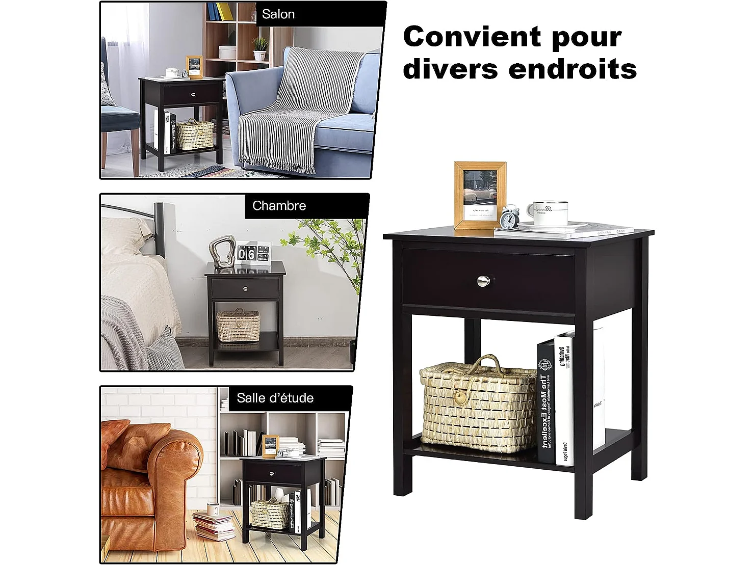 Table de Chevet à 2 Niveaux Style Moderne Simple 48 x 40 x 58 CM Noir